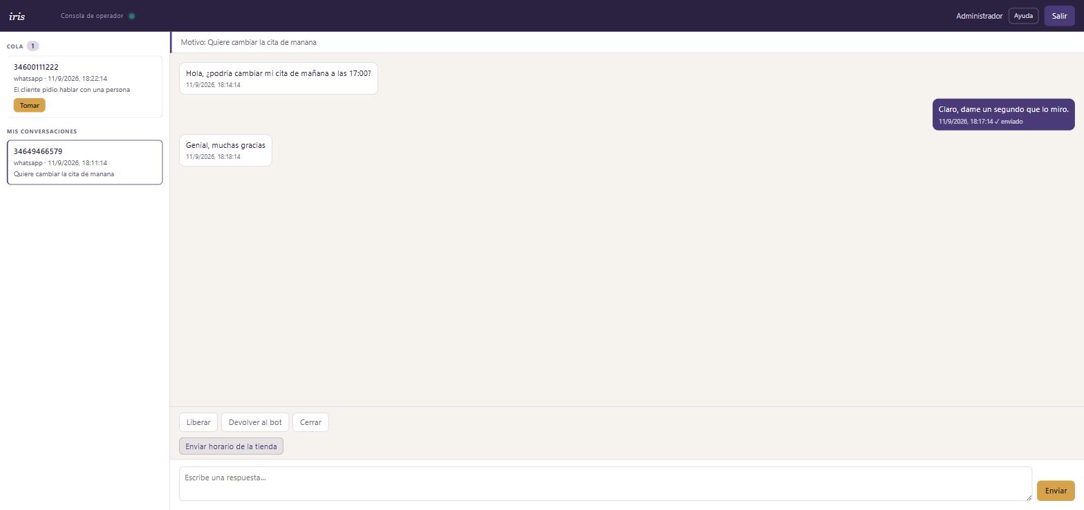 Conversación abierta: motivo del escalado, historial de mensajes, botones Liberar/Devolver al bot/Cerrar, y un flujo de operador