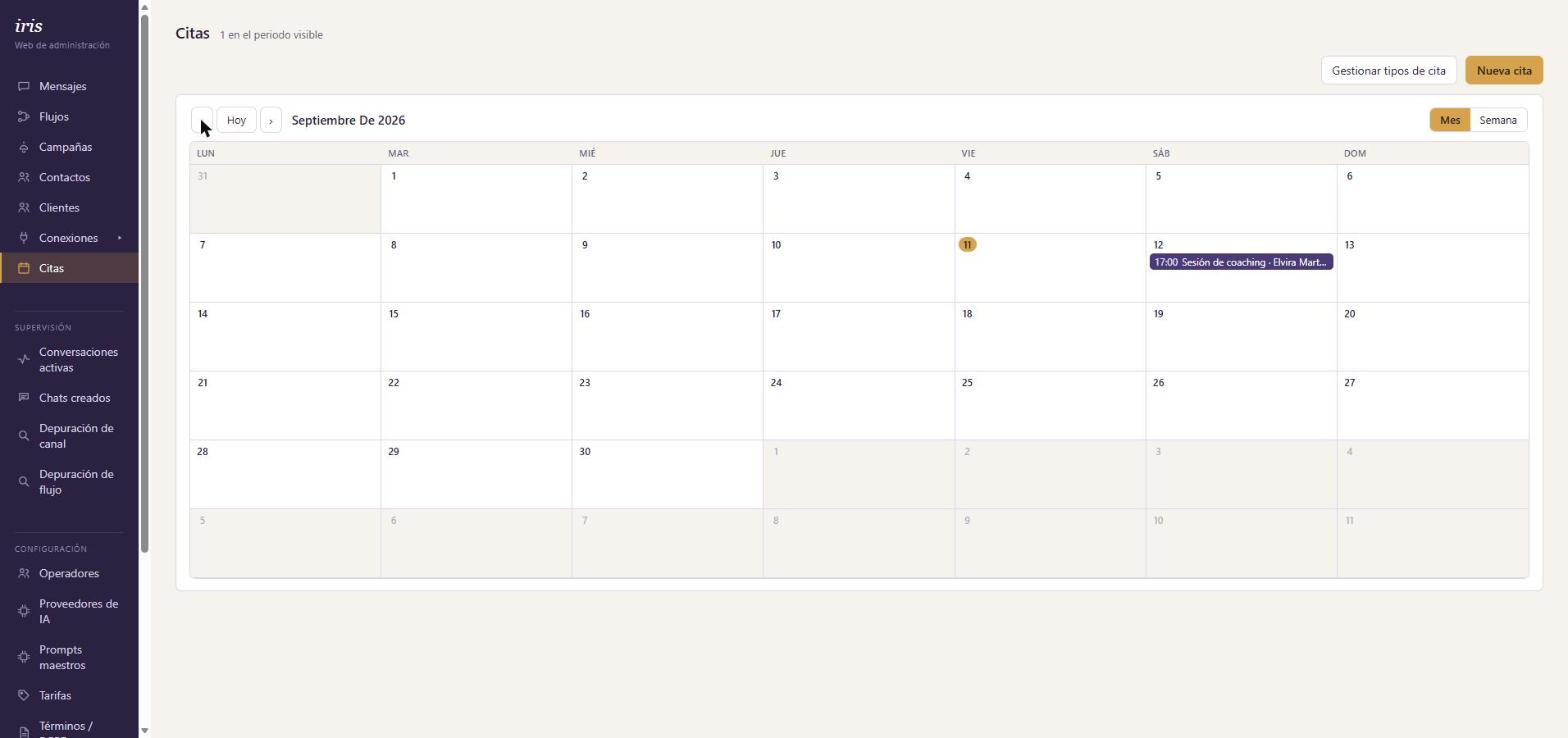 Calendario mensual de Citas en IrisWeb con una cita el día 12 a las 17:00