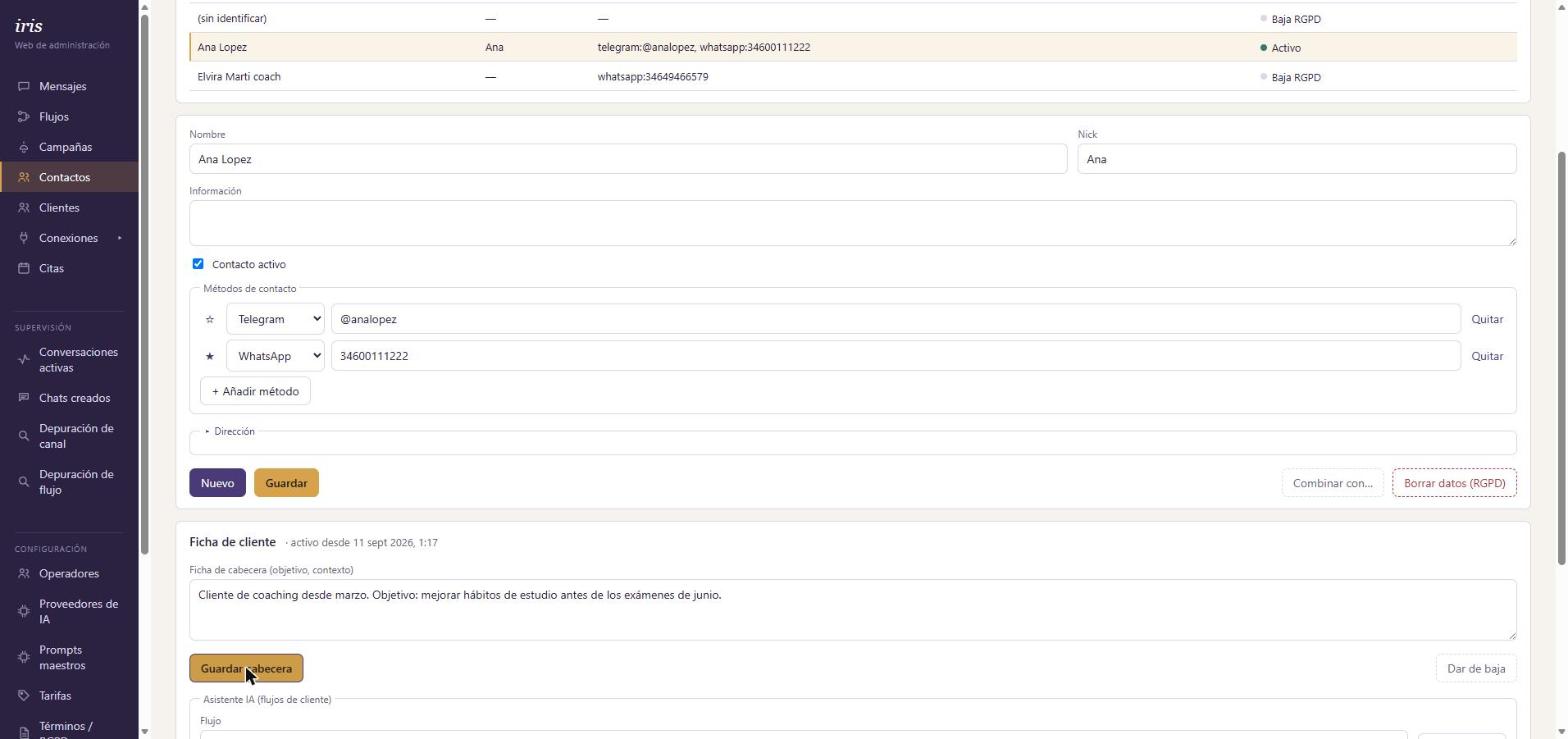 Pantalla de Contactos de IrisWeb con la ficha de un contacto: nombre, nick, dos métodos de contacto (Telegram y WhatsApp) y el inicio de su ficha de cliente