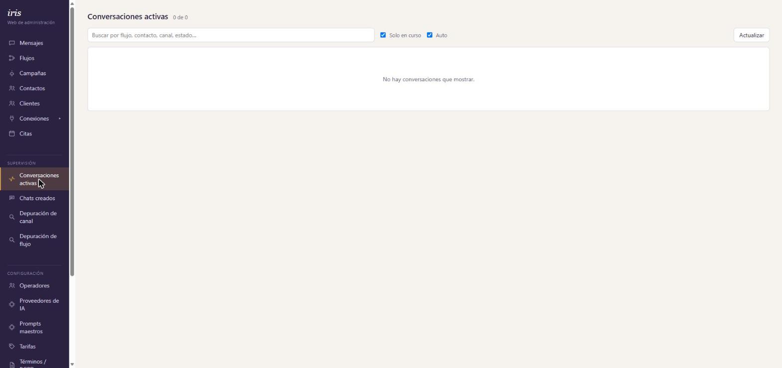Pantalla de Conversaciones activas de IrisWeb, sin conversaciones en curso en este momento